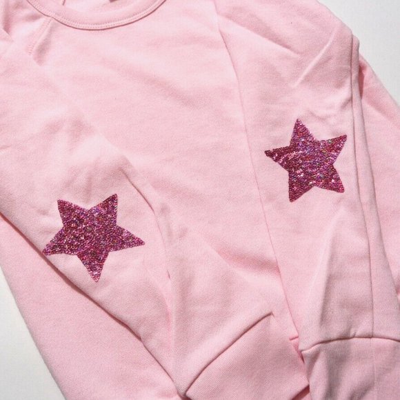 J.CREW CREWCUTS GIRLS PINK SEQUIN STAR ELBOW PATCHES CREWNECK SWEATSHIRT - Picture 2 of 3